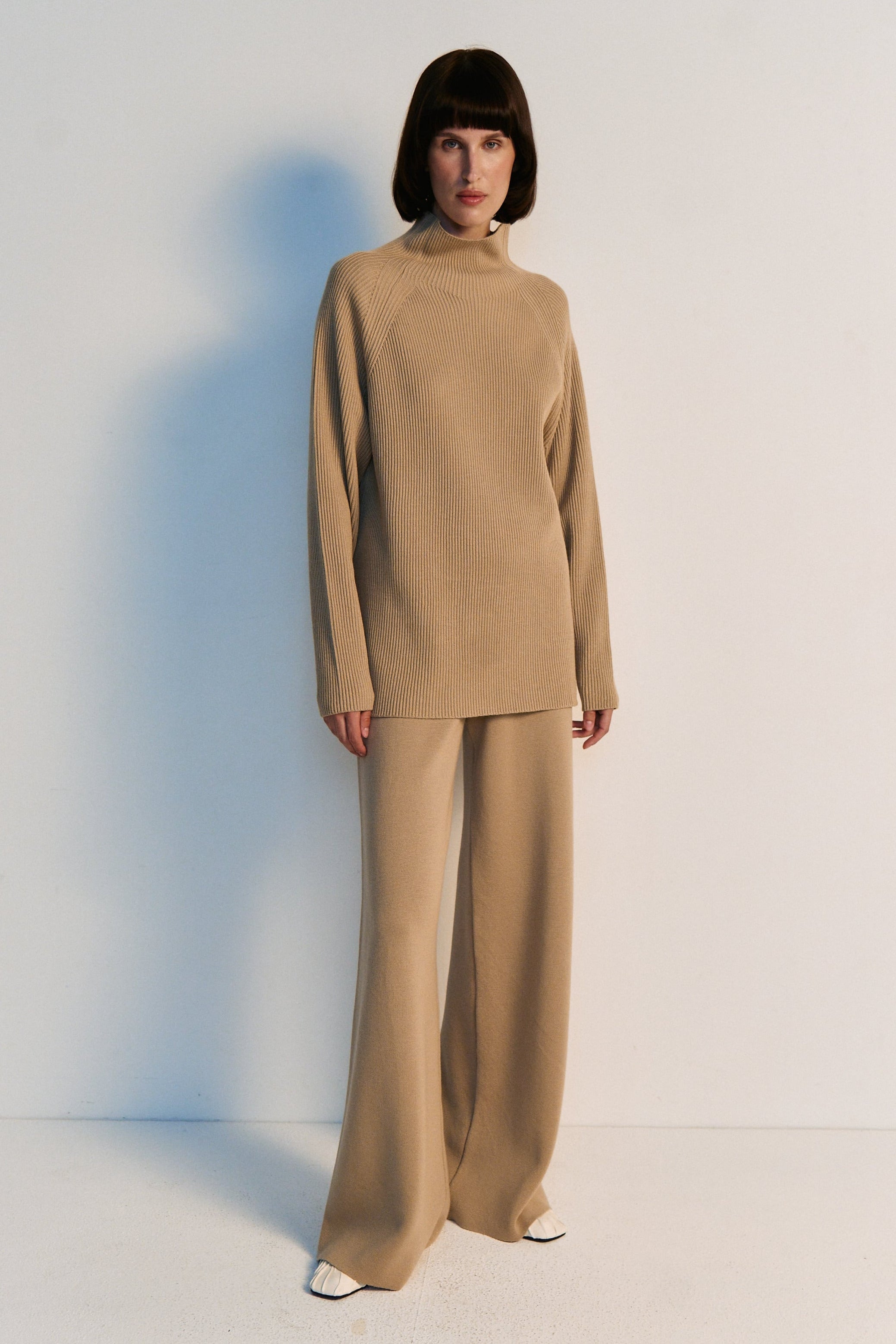 Merino Ribbed Sweater & Wide-Leg Trousers Set