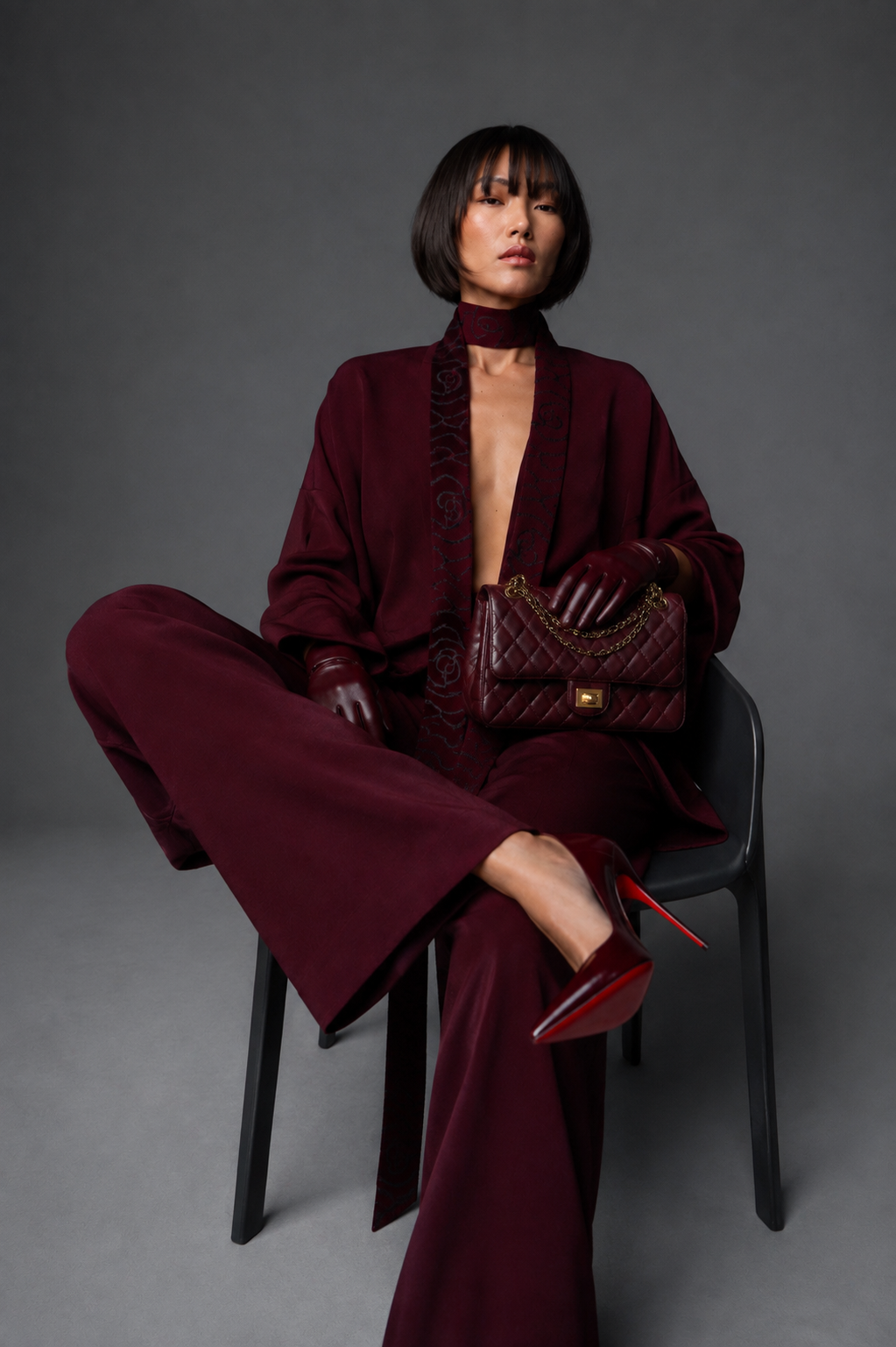 Look 49: Червоний мериносовий комплект з пальтом-кімоно та кюлотами