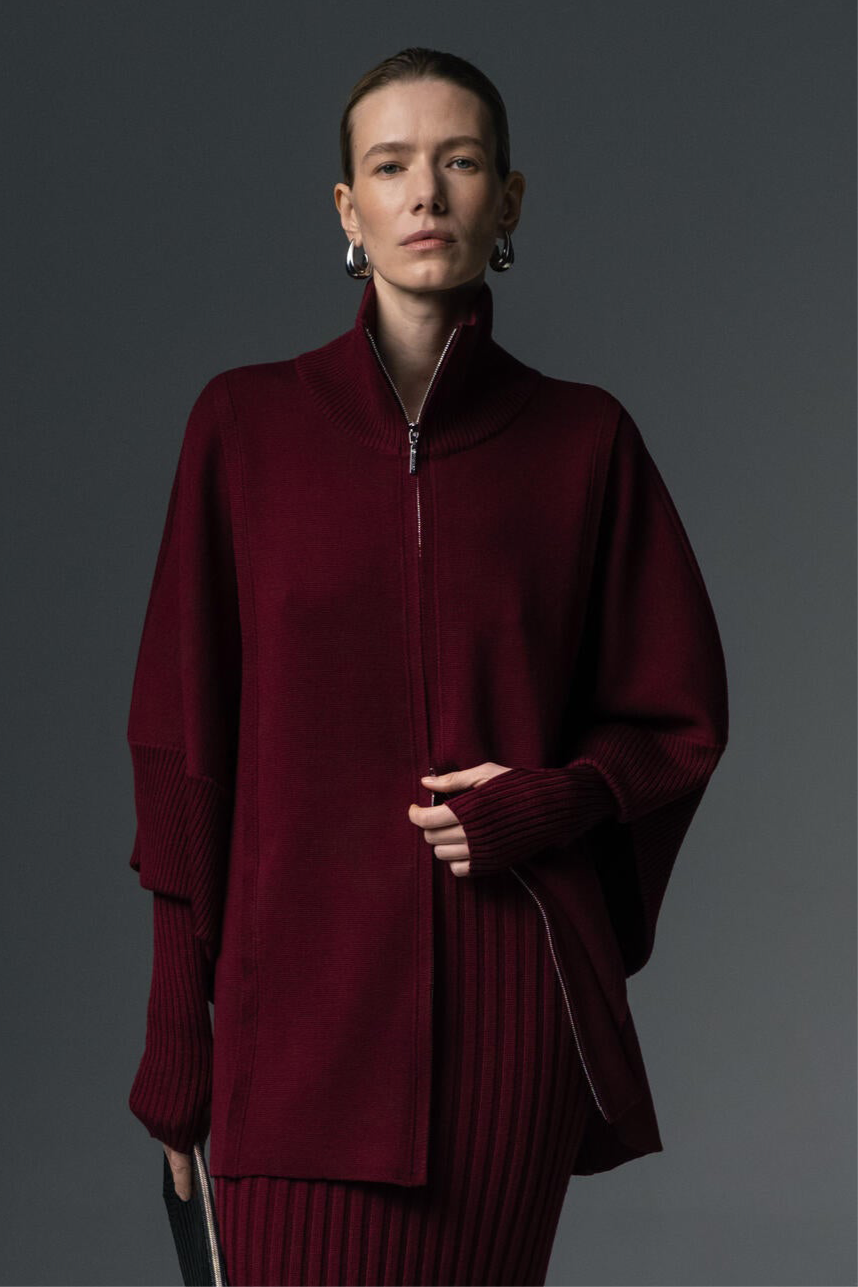 Merino Wool Double Zip-Up Coat Bordeaux