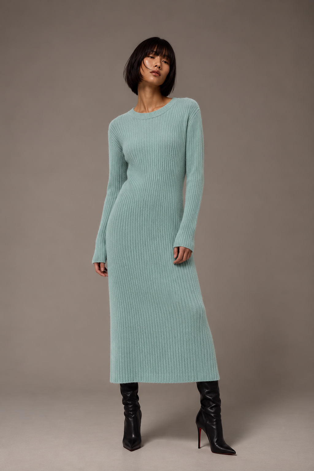Ribbed Cashmere Midi Dress in Mint