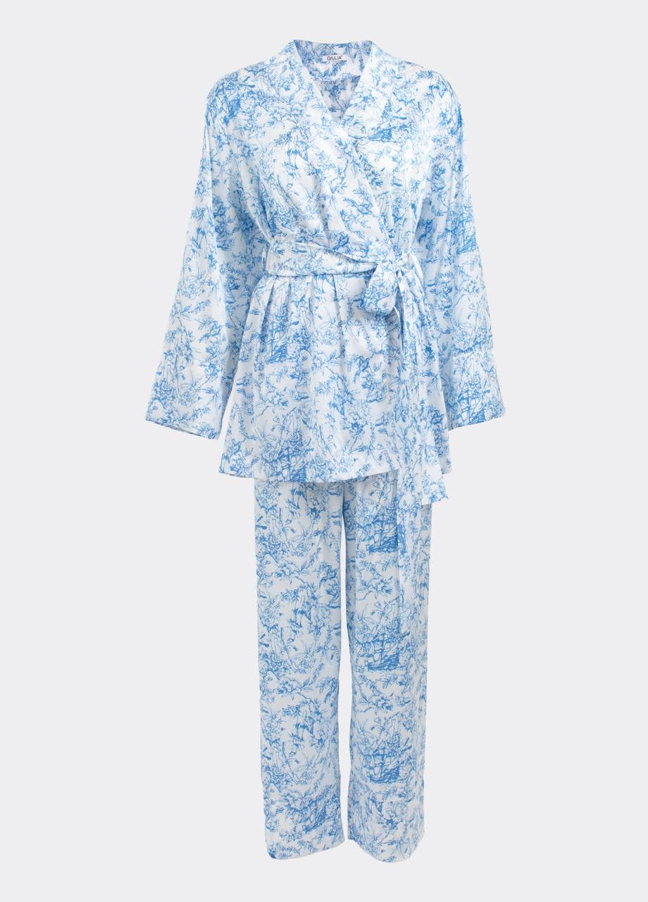 Light blue striped satin lounge set detail