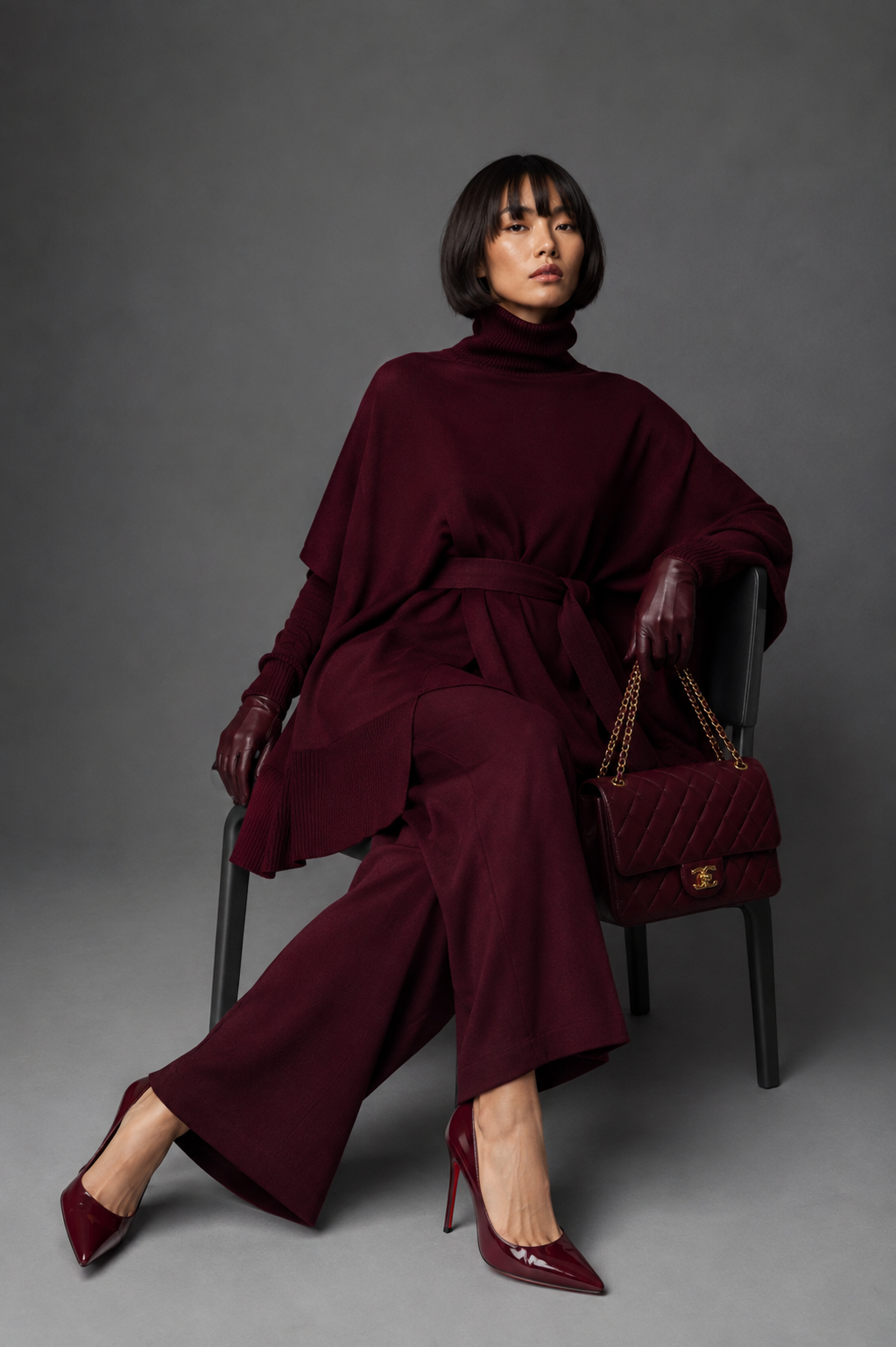 Burgundy merino turtleneck poncho and palazzo set