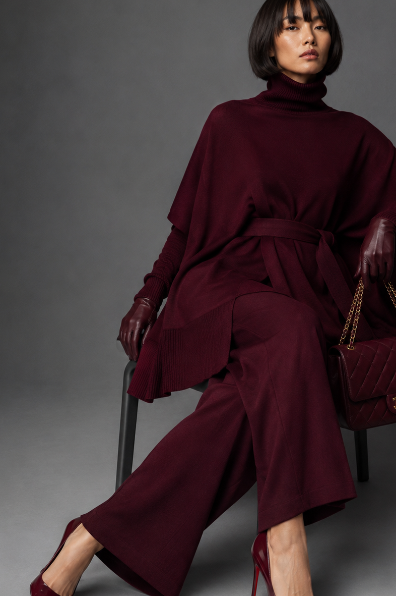 Burgundy merino turtleneck poncho and palazzo set