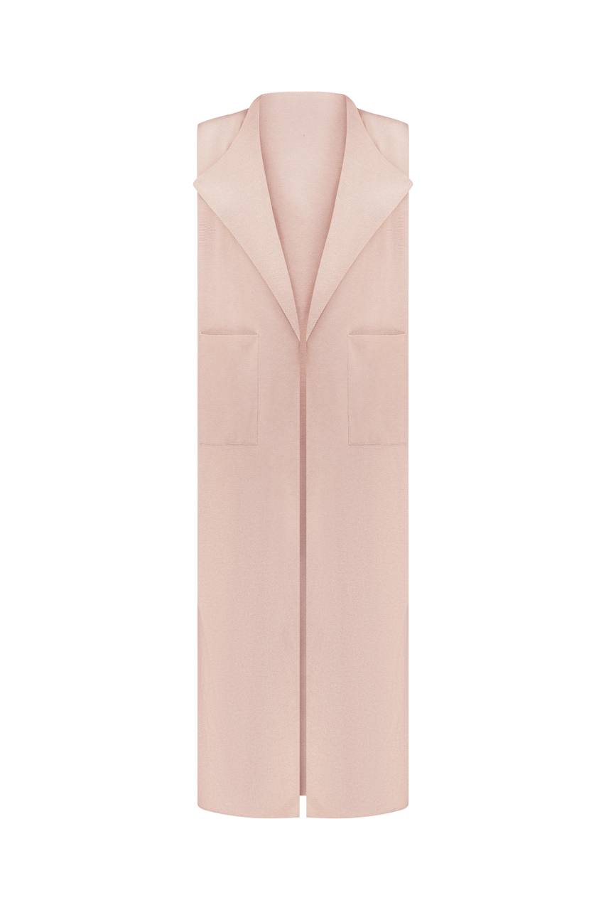 Flat lay of lightweight sleeveless vest in blush beige viscose blend by Viamaro