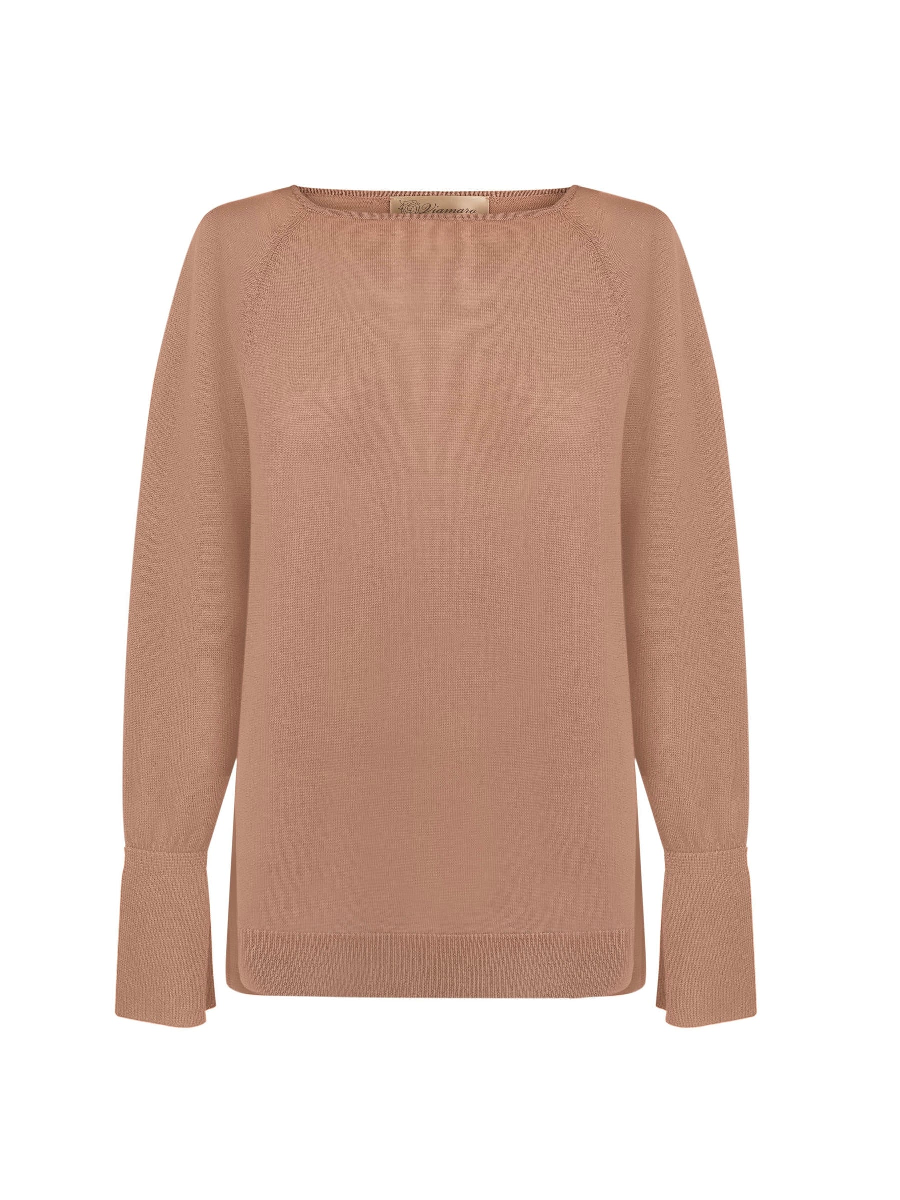 A beige fine merino wool sweater with slightly flared cuffs and a round neckline, displayed against a plain background.