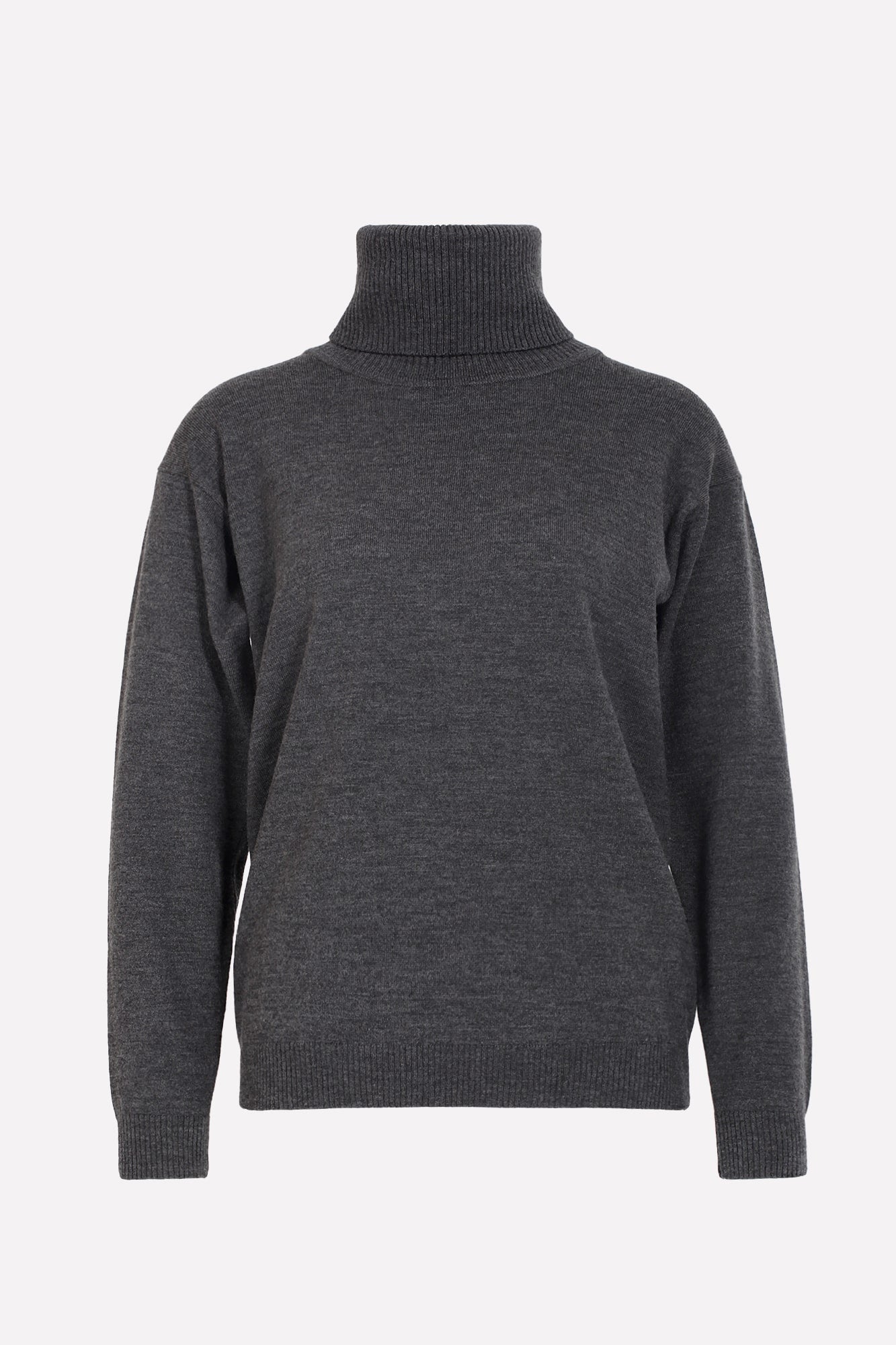 Dark gray turtleneck sweater on a white background