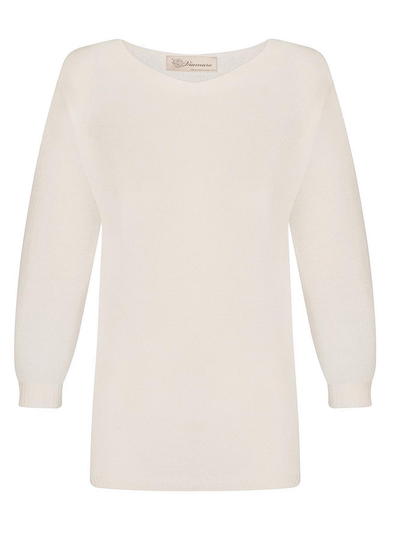 A long-sleeved pink merino wool jumper with a round neckline, displayed against a white background.