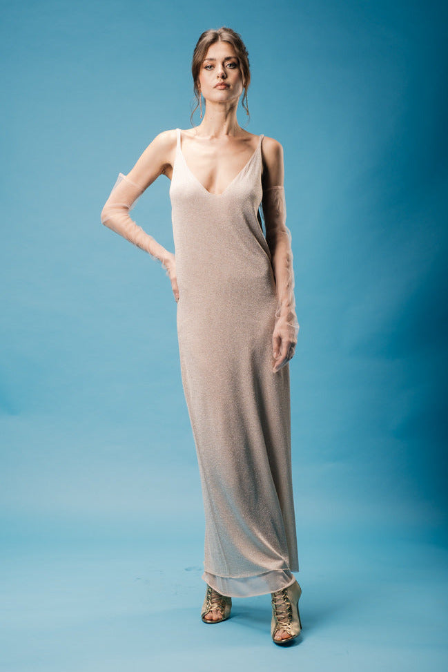 Shimmering Maxi Dress with Silk Slip