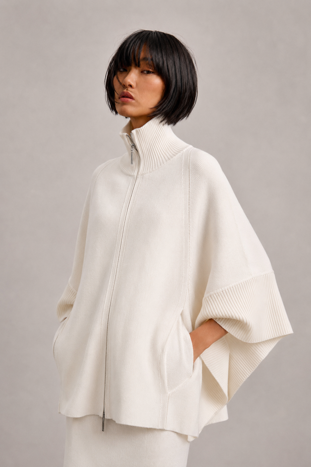 Merino Wool Double Zip-Up Coat White