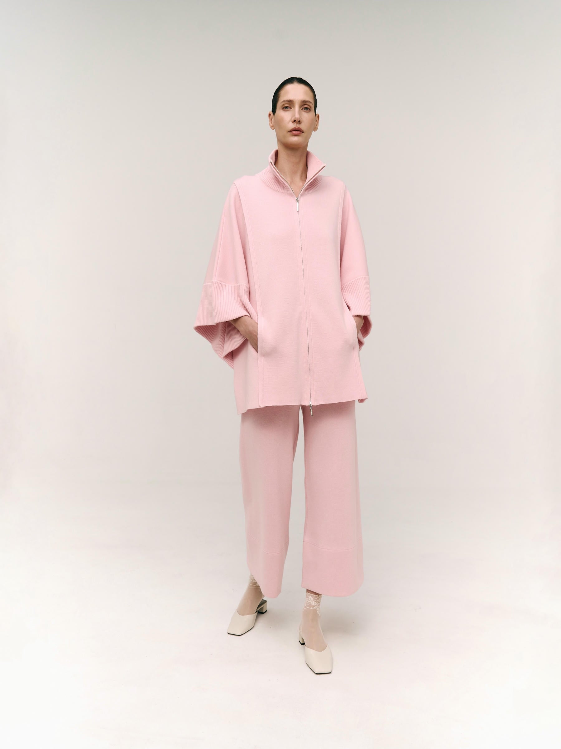 Merino Wool Double Zip-Up Coat Pink
