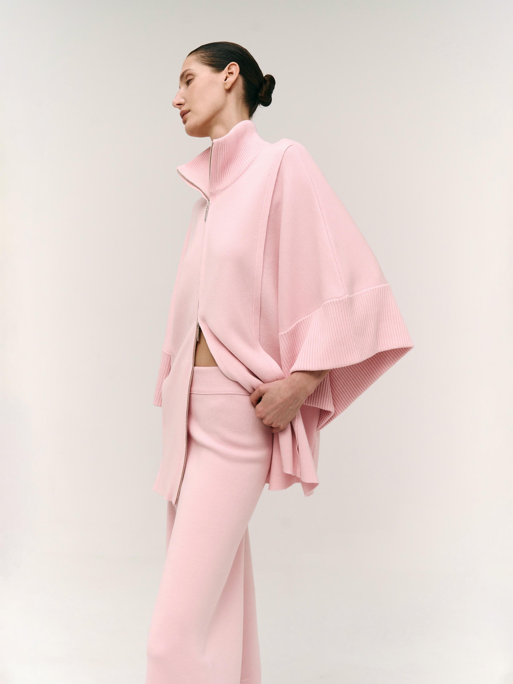 Merino Wool Double Zip-Up Coat Pink
