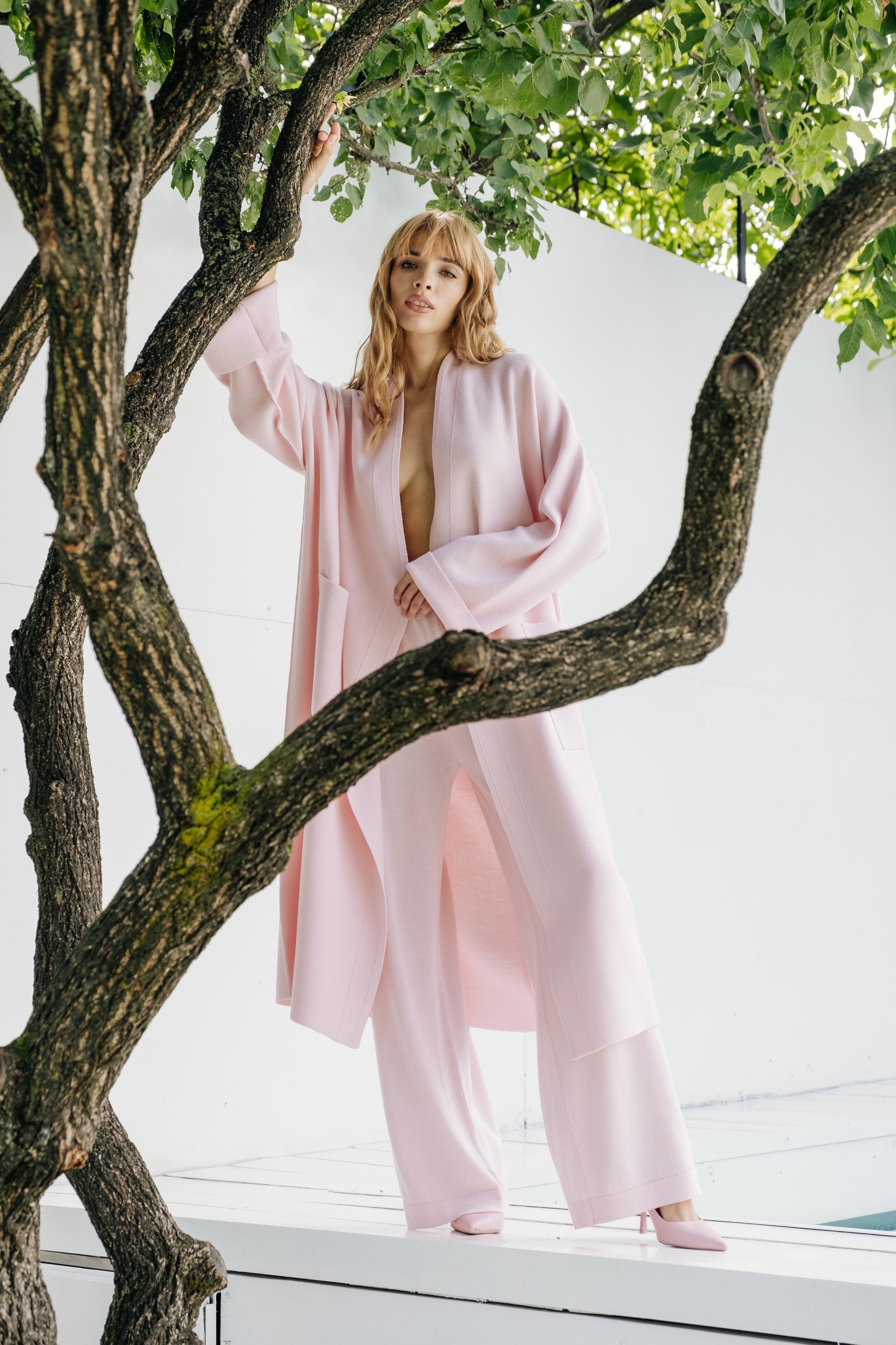 Merino Wool Coat with Belt Pink
