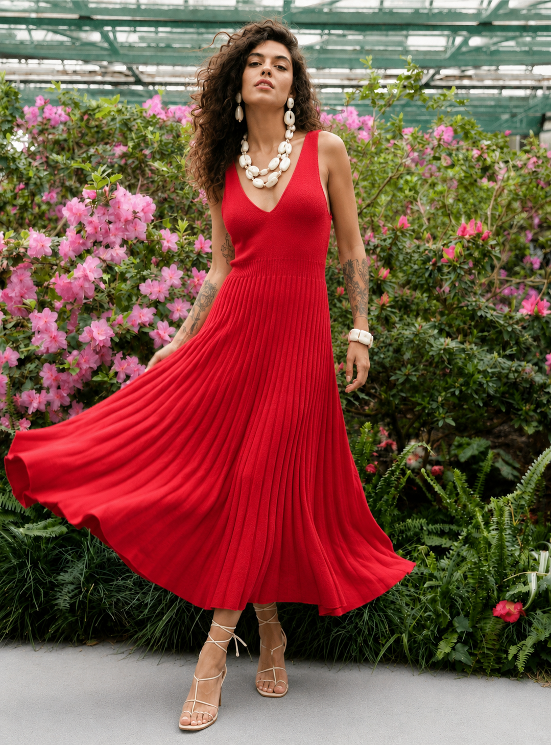 Pleated Midi Sundress Red