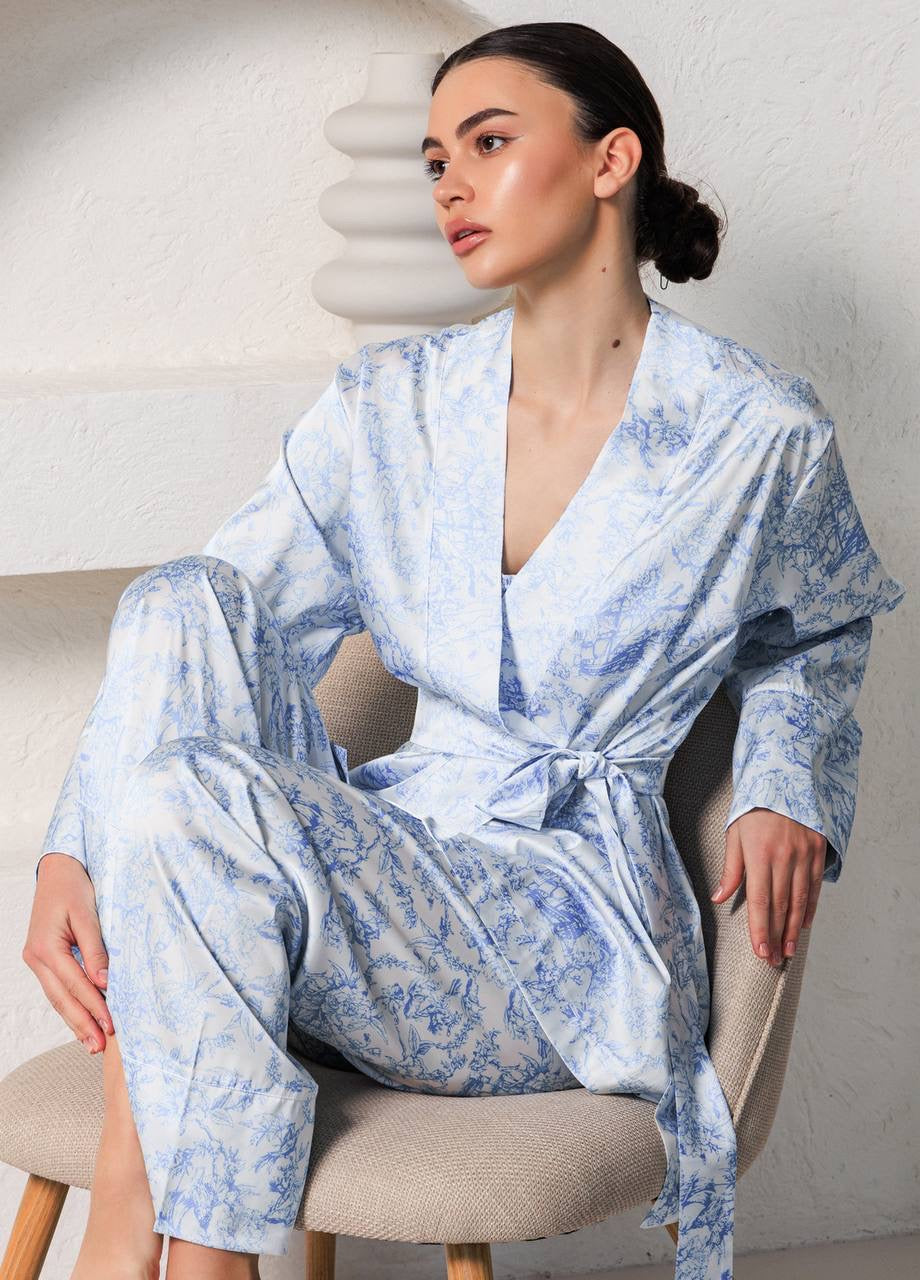 Light blue striped satin kimono lounge set