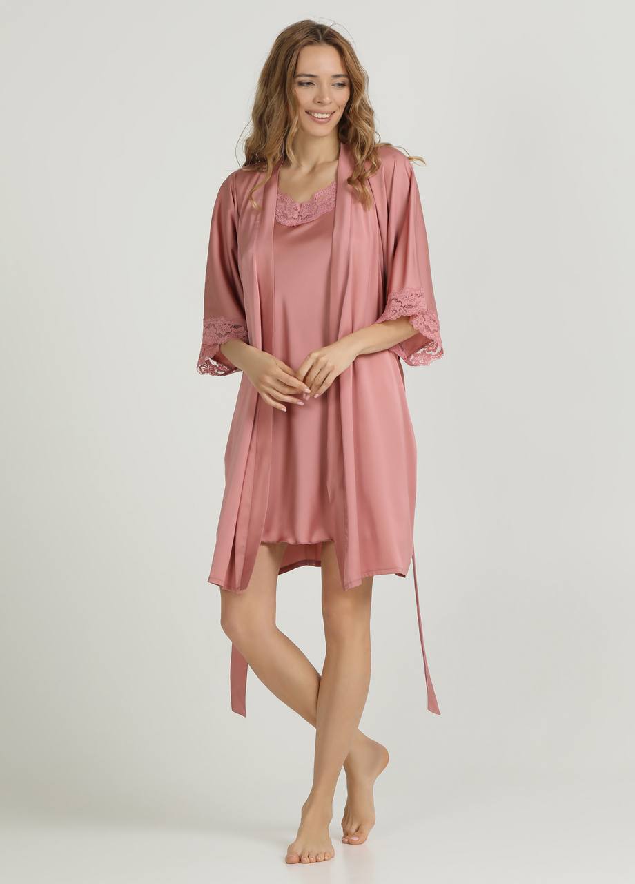 Evening rose silky acetate satin robe over nightdress