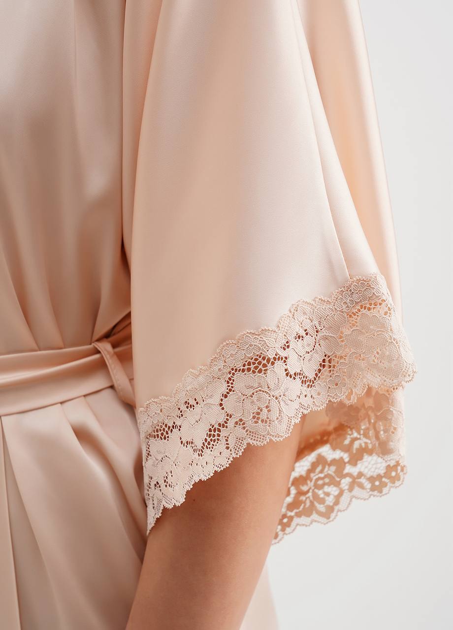 Beige silky acetate satin robe lace detail