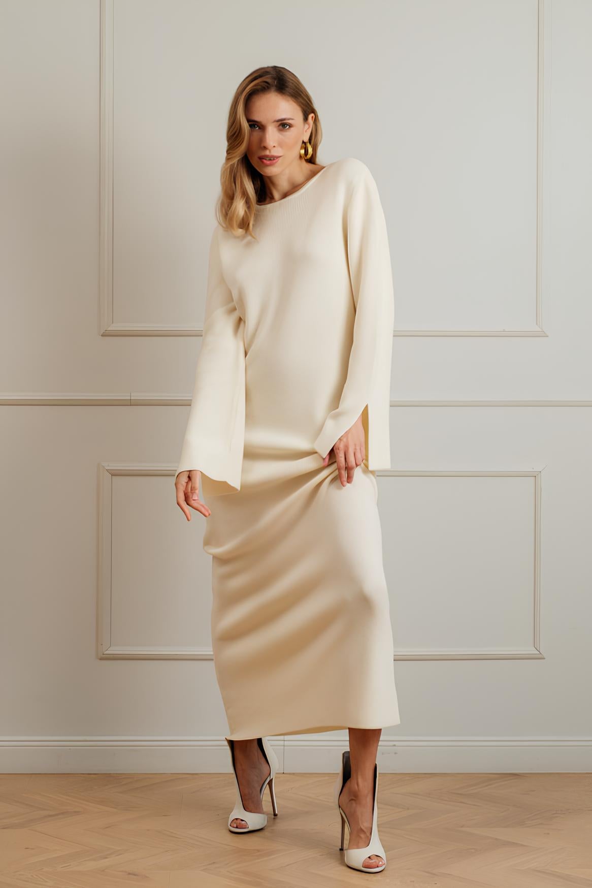 Merino Wool Midi Dress with Slit Sleeves
