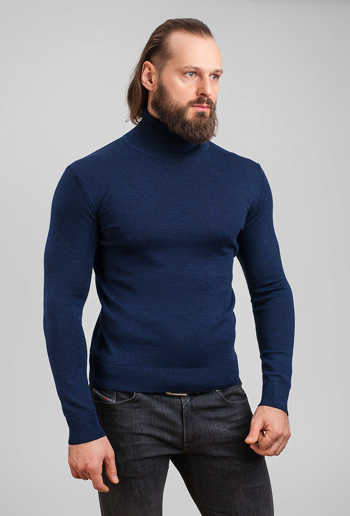 Men's merino wool turtleneck in navy, front view #Color_Navy