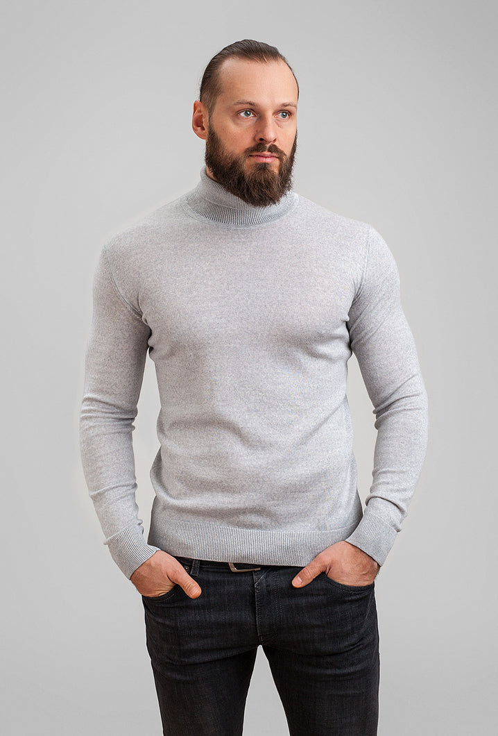 Men's merino wool turtleneck in light grey, front view #Color_Light Grey