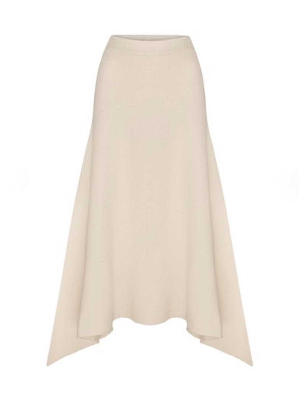 A beige, mid-length, asymmetric skirt with a fluid structure, made from 100% merino wool.