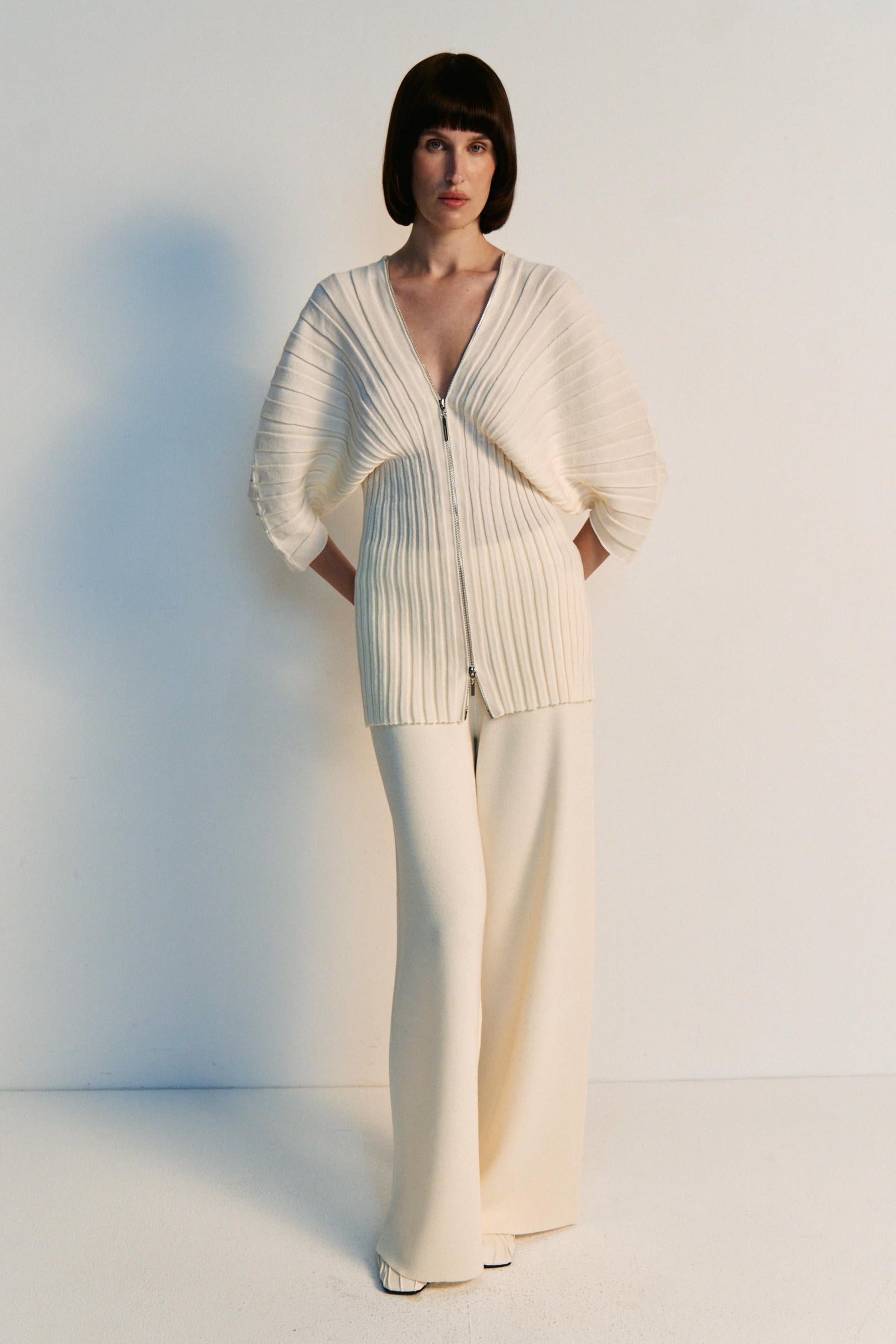 Merino Pleated Zip Cardigan