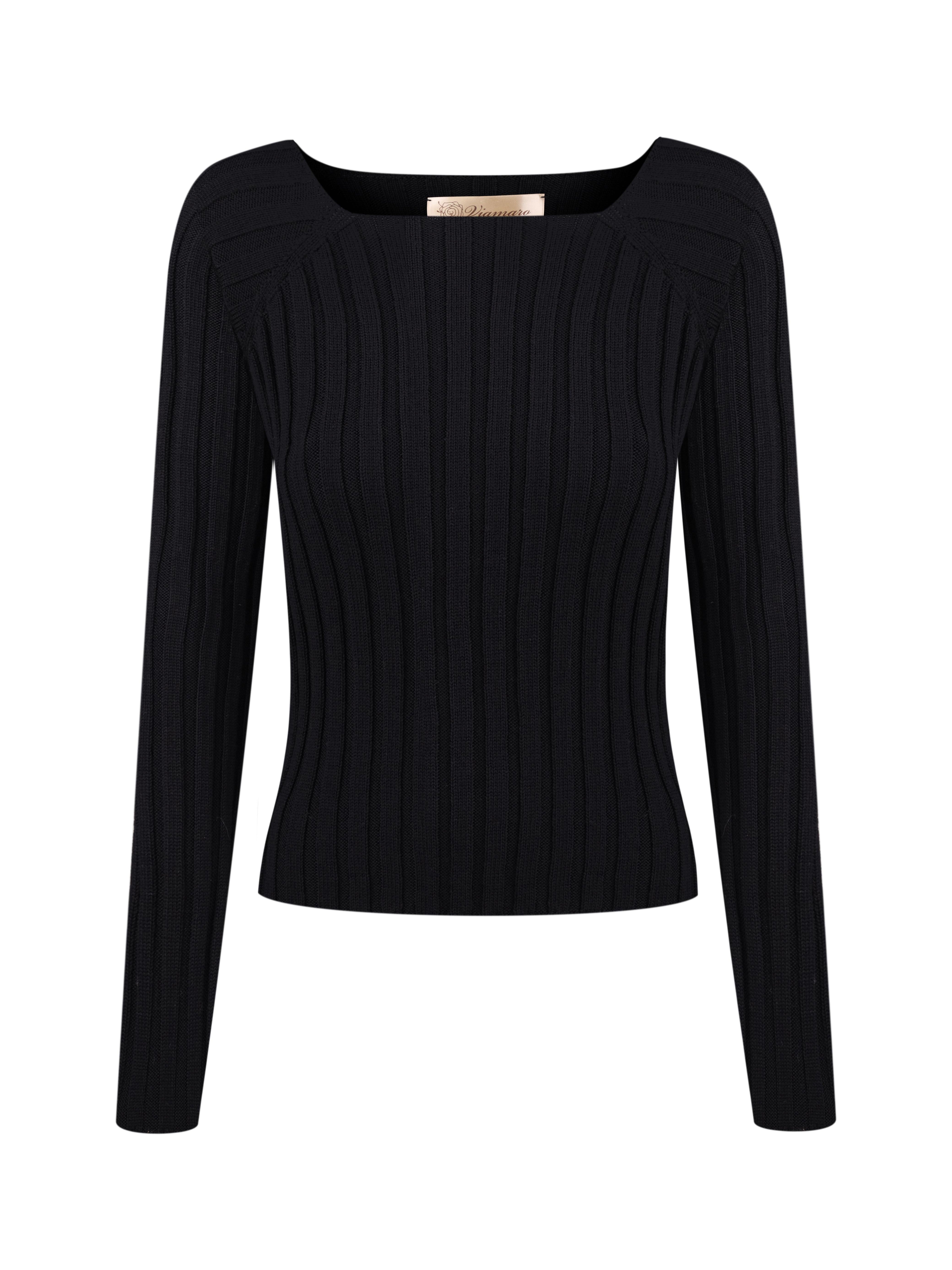 Ribbed black merino wool sweater with square neckline and long sleeves, photographed on white background