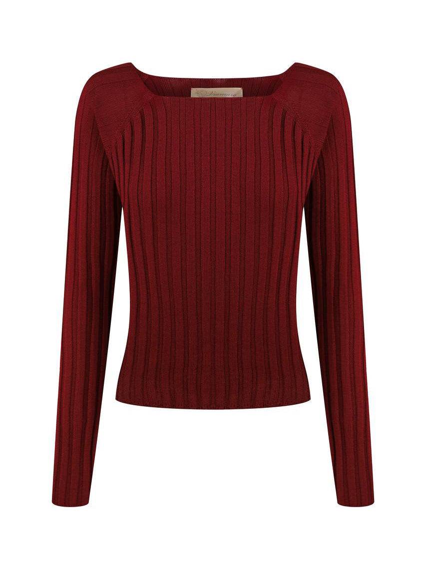 Ribbed burgundy merino wool sweater with square neckline and long sleeves, photographed on white background