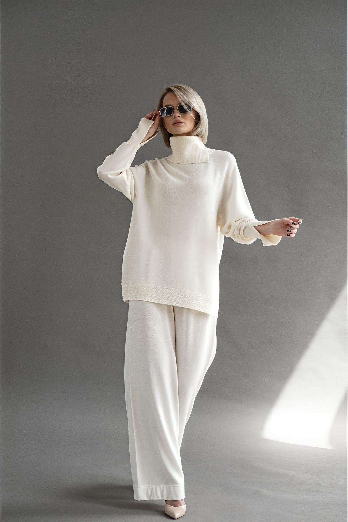 Merino turtleneck and palazzo set in oyster pearl