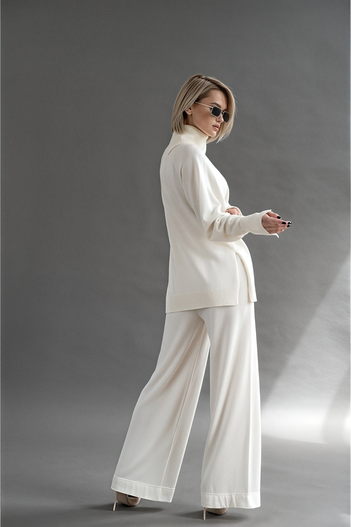 Merino turtleneck and palazzo set in oyster pearl, three-quarter