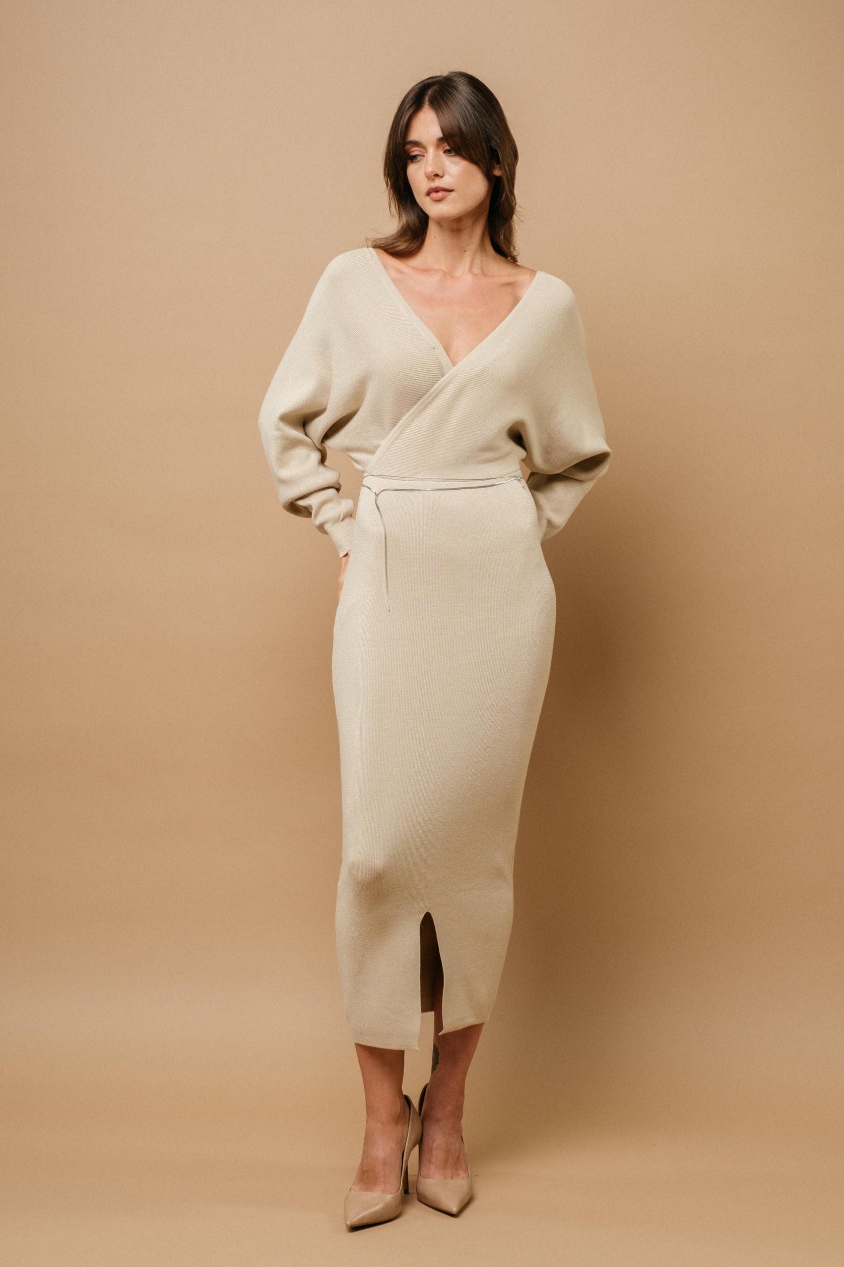  Modal knit sculpt dress with relaxed top, defined waist, and deep V wrap neckline, front view 2